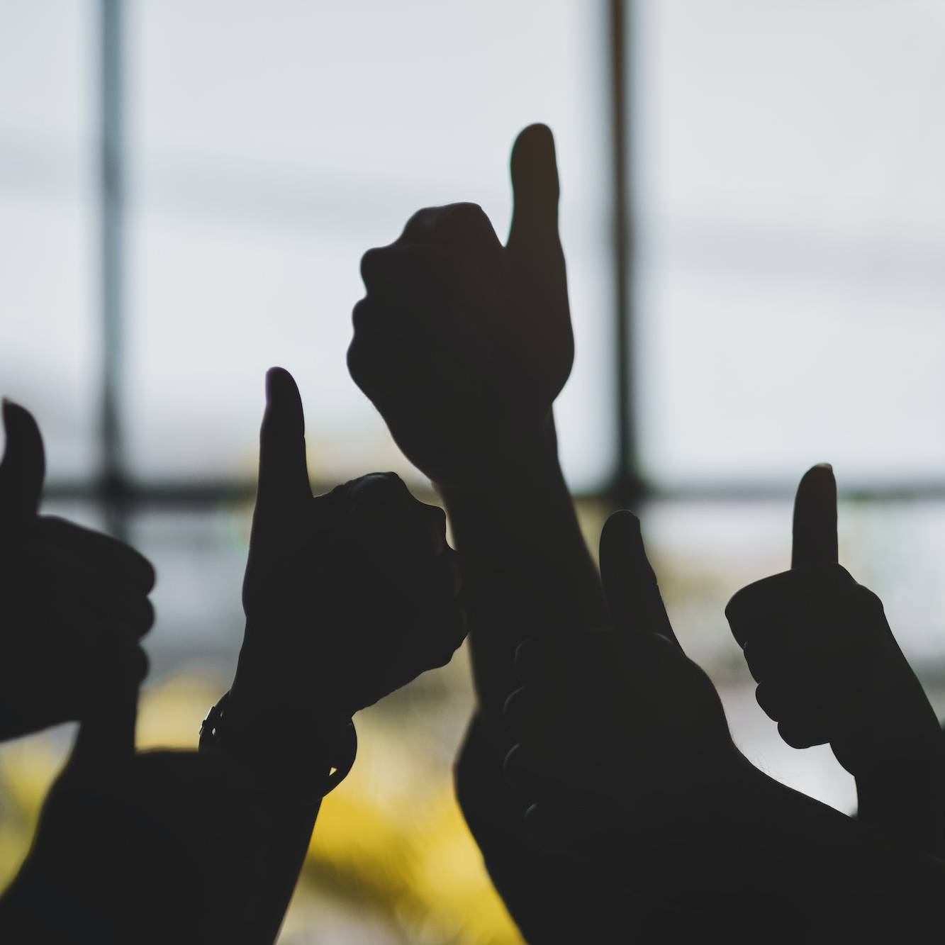 Silhouette image of many people's hands making thumb up sign